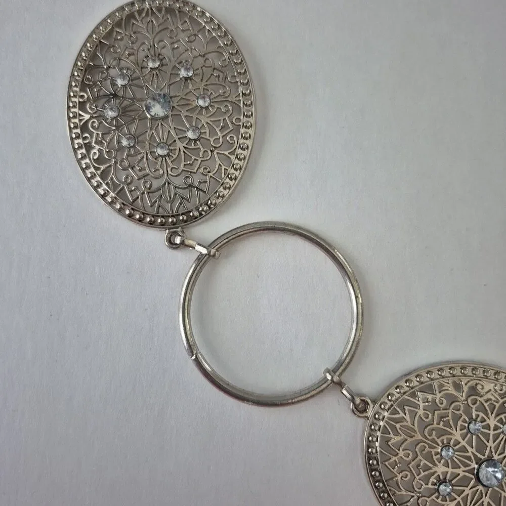 Silver ToneCircle and Oval Filigree Gems Chain Link Waist Hip Belt 44 IN Total